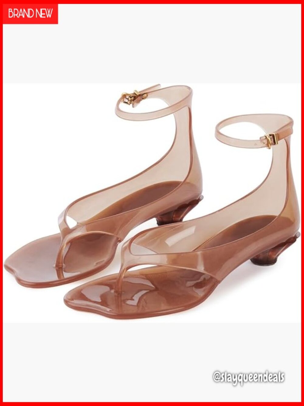 Jelly Thong Sandals Kitten Low Heels Square Toe Clear Dressy Summer Shoes